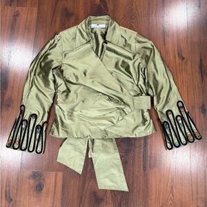 Marisa Baratelli Thai silk wrapped top blouse shoulder pads Sz 14 green khaki